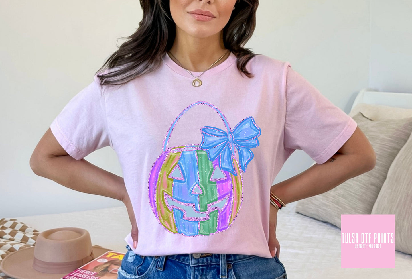 DTF PASTEL PUMPKIN W/ BLUE BOW TRANSFER