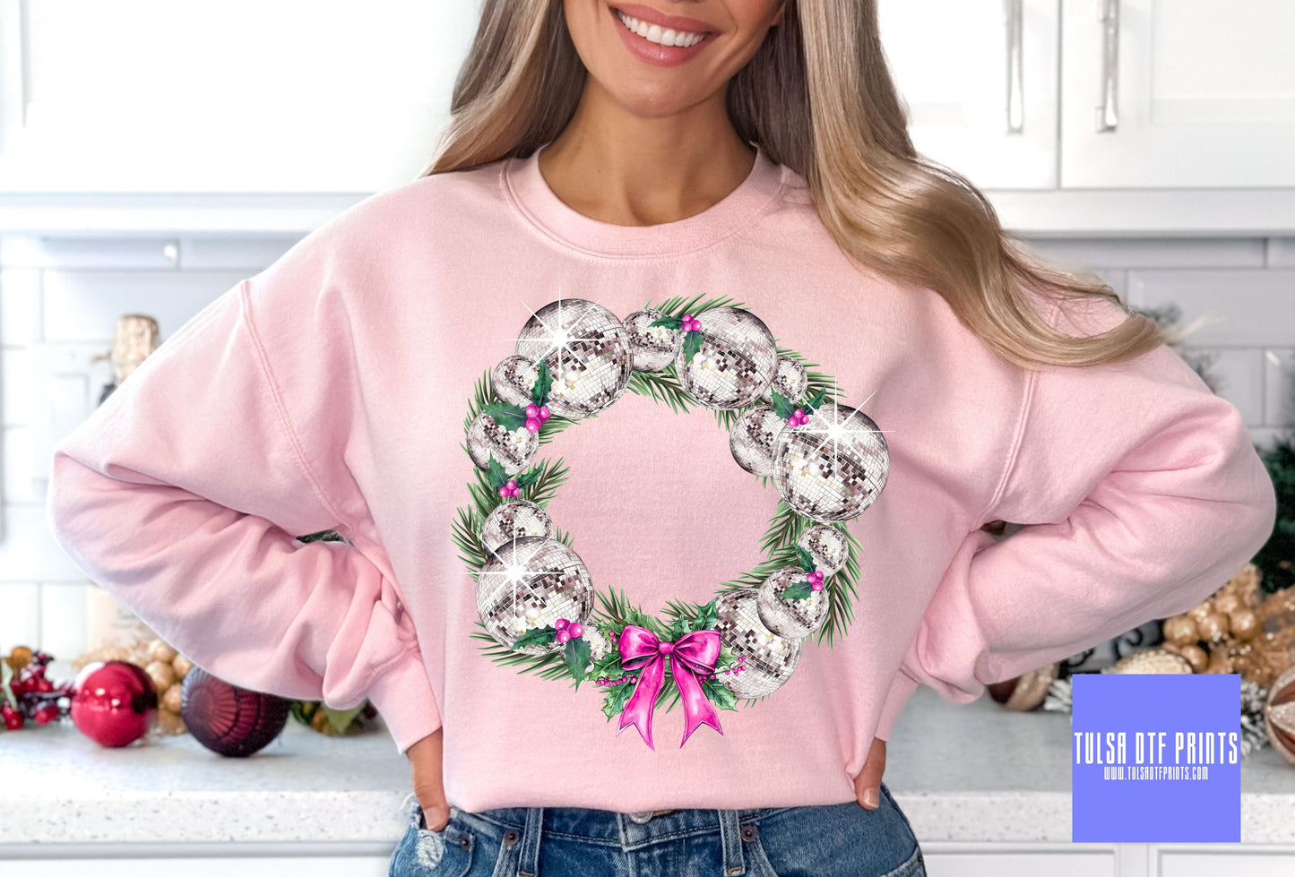 DTF DISCO BALL WREATH W/ PINK BOW TRANSFER