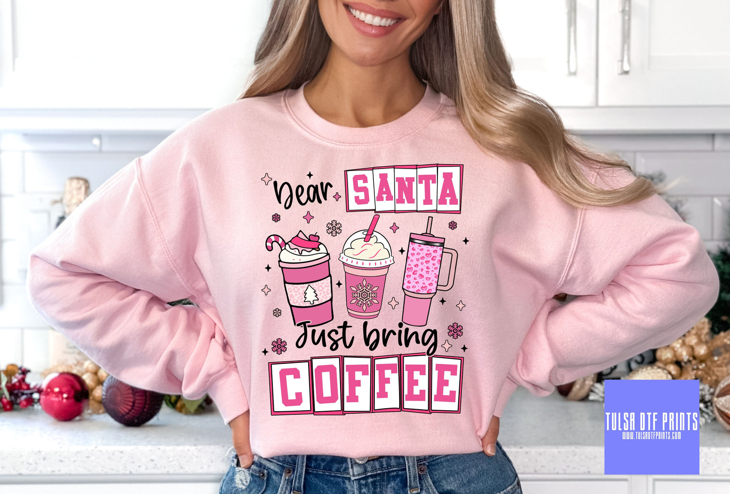 DTF DEAR SANTA JUST BRING ME COFFEE PINK TRANSFER
