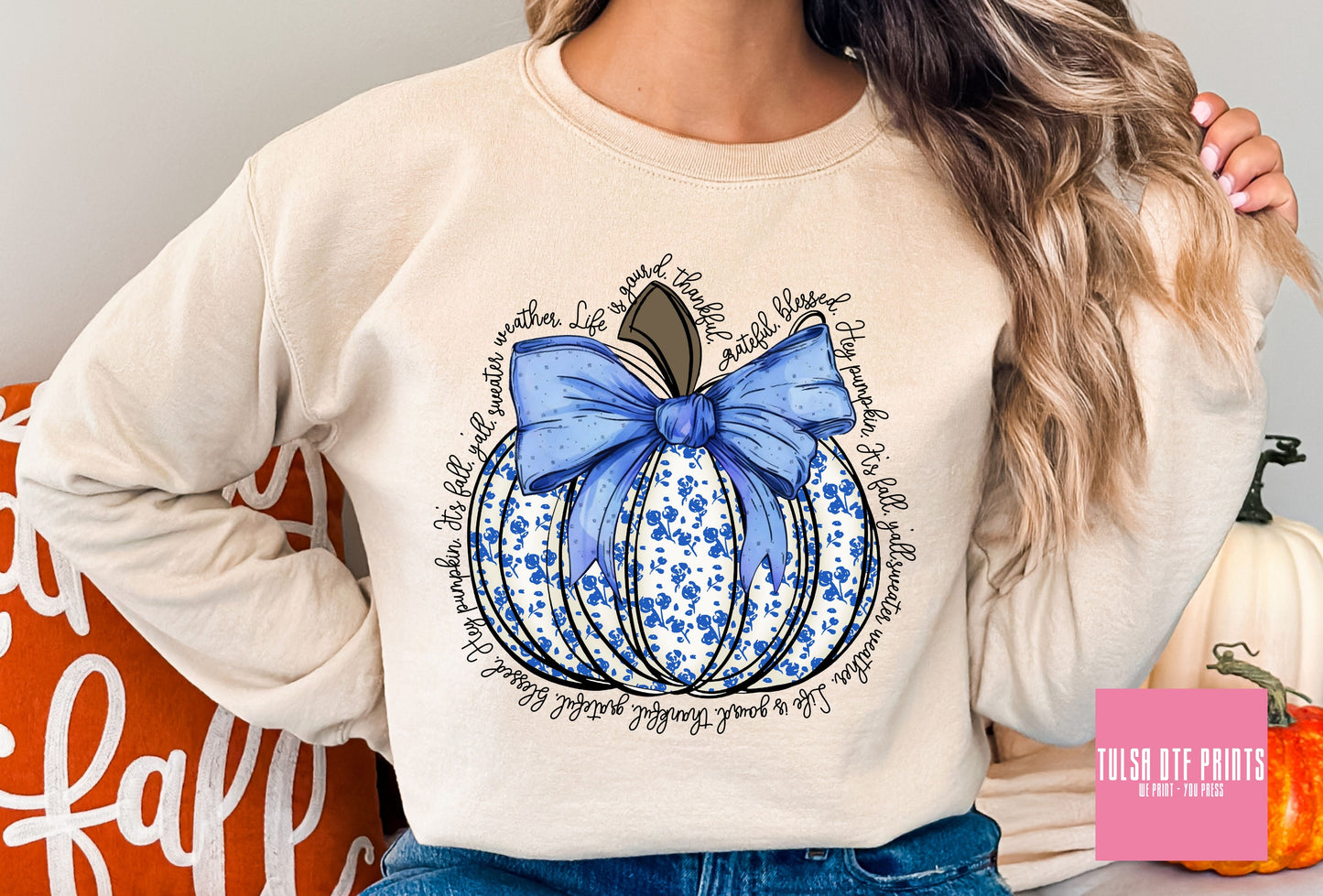 DTF THANKSGIVING BLUE PUMPKIN W/ BOW TRANSFER