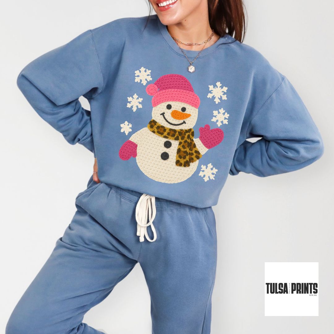 DTF COZY PINK SNOWMAN FAUX CROCHET TRANSFER