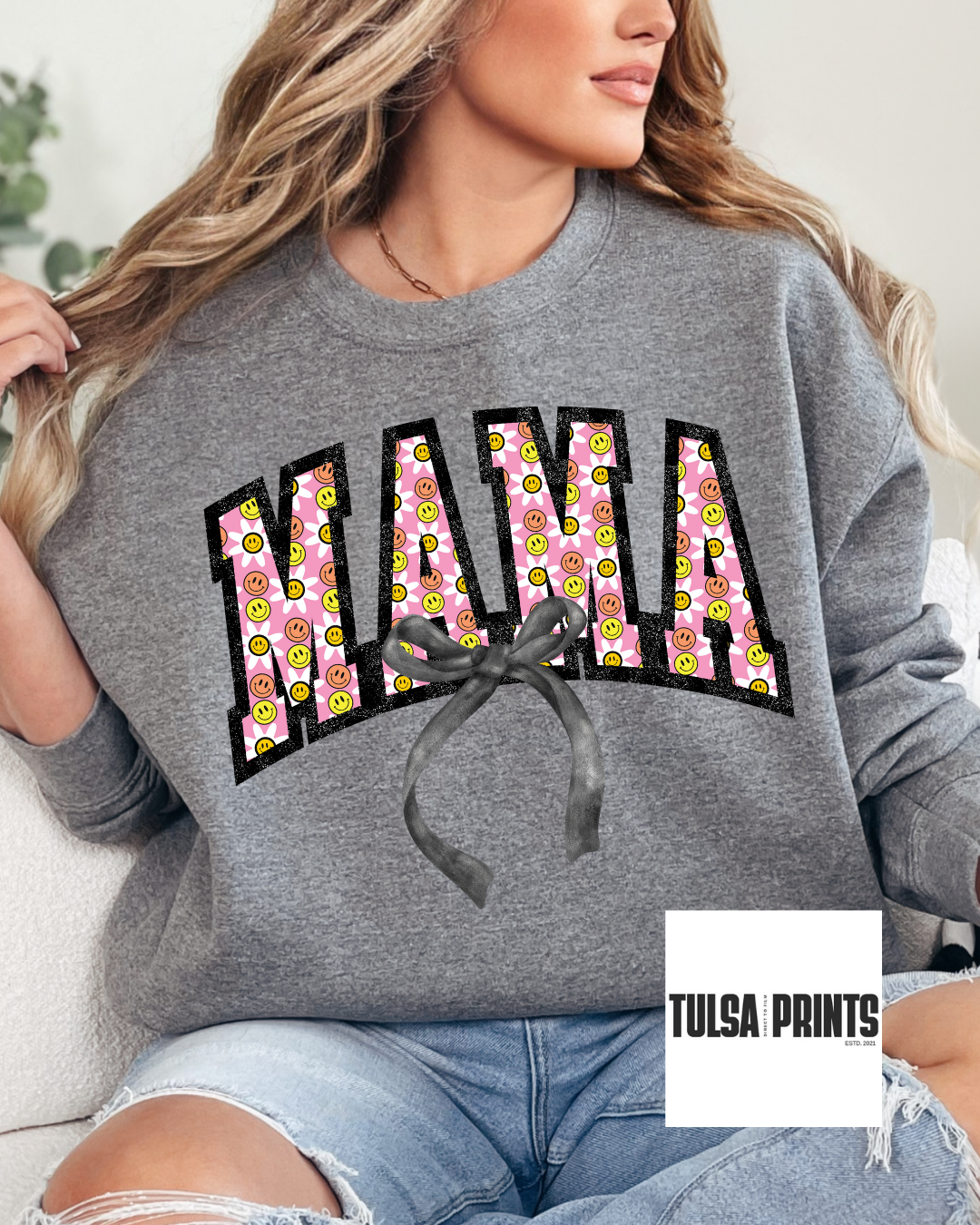 DTF MAMA VARSITY HAPPY FACE TRANSFER