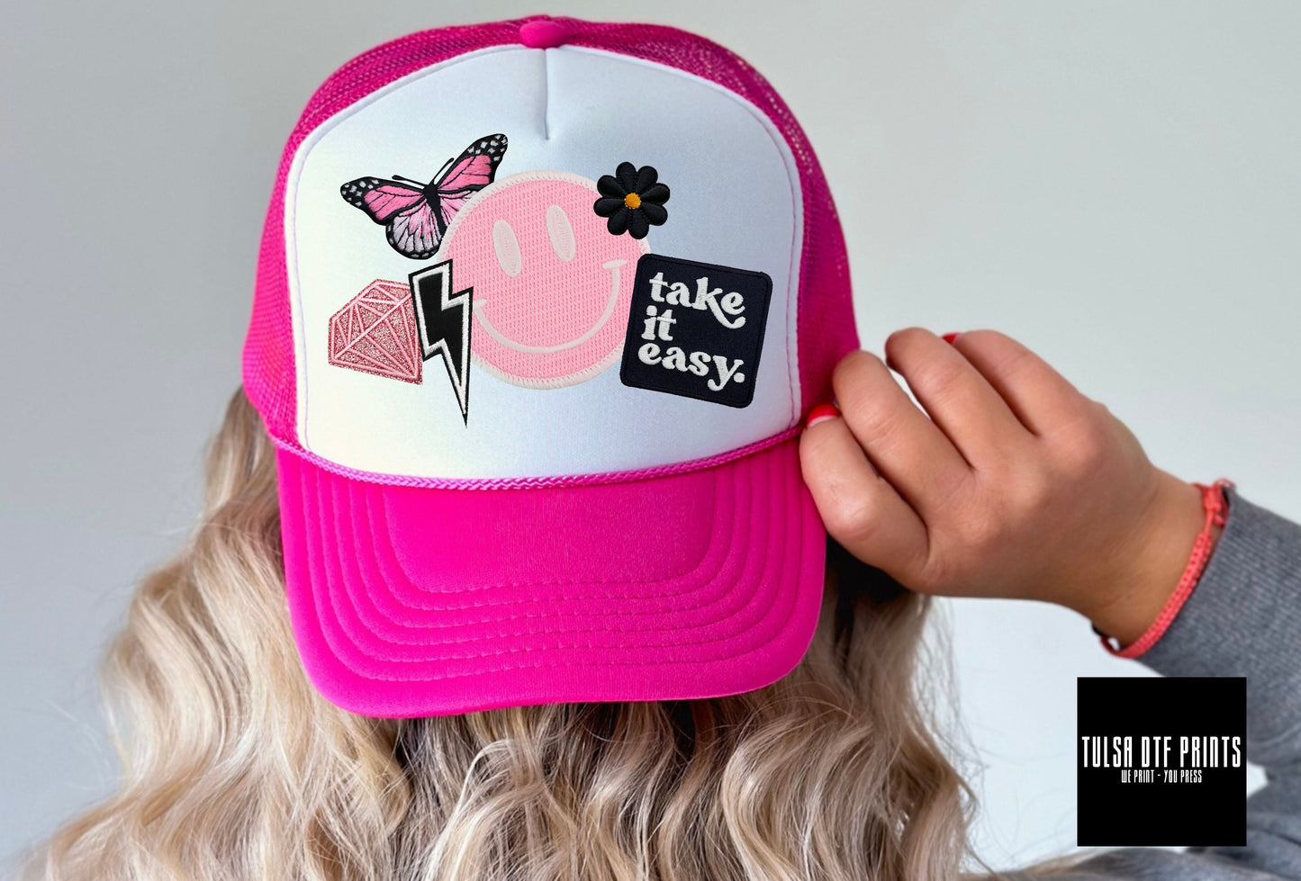 DTF TAKE IT EASY W/ PINK SMILEY FAUX HAT PATCH TRANSFER