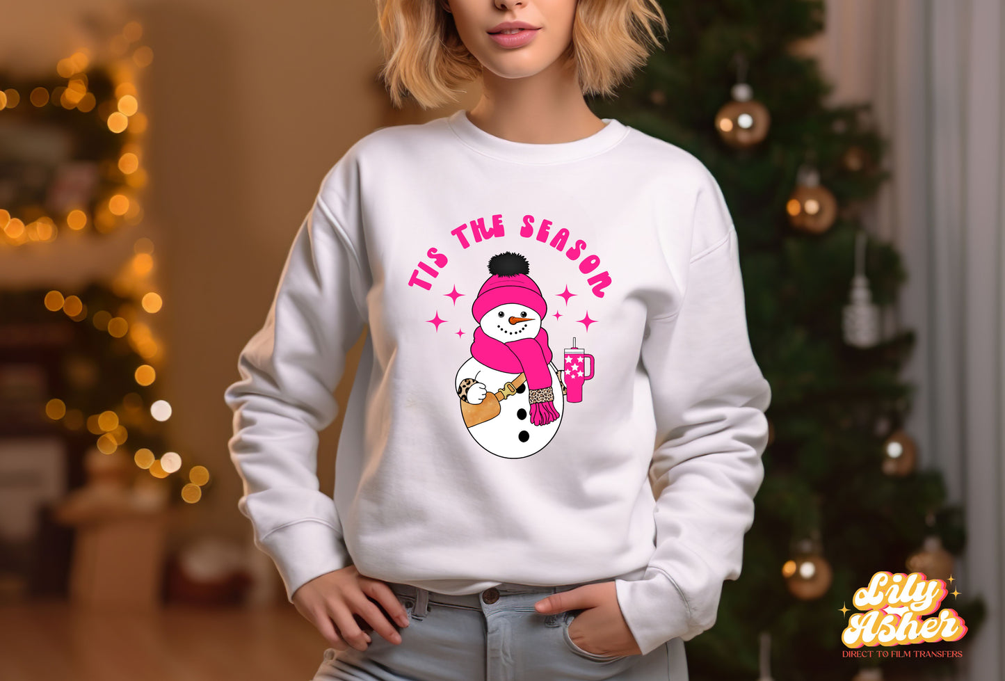 DTF 'TIS THE SEASON SNOWMAN PINK TRANSFER