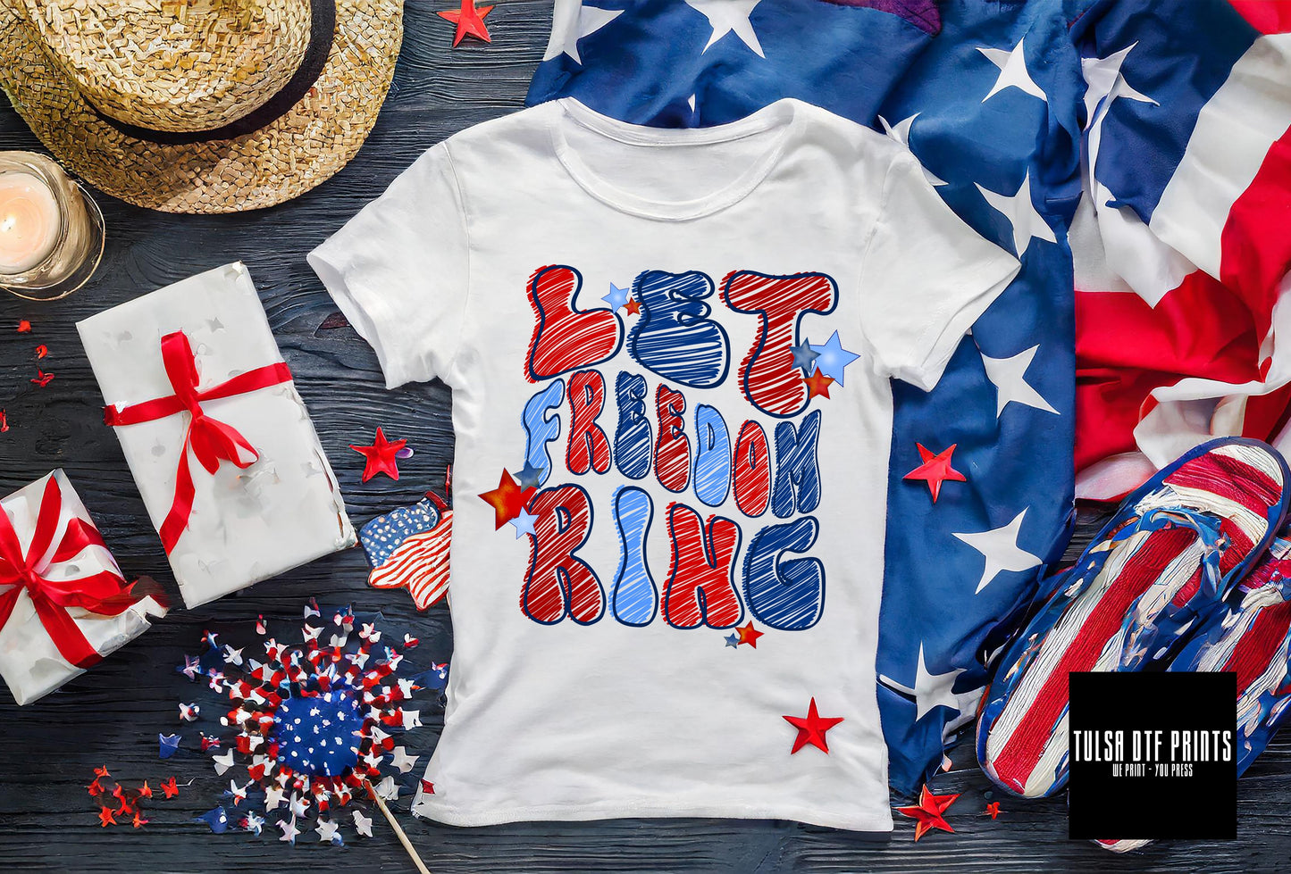 DTF LET FREEDOM RING LETTER DOODLE TRANSFER