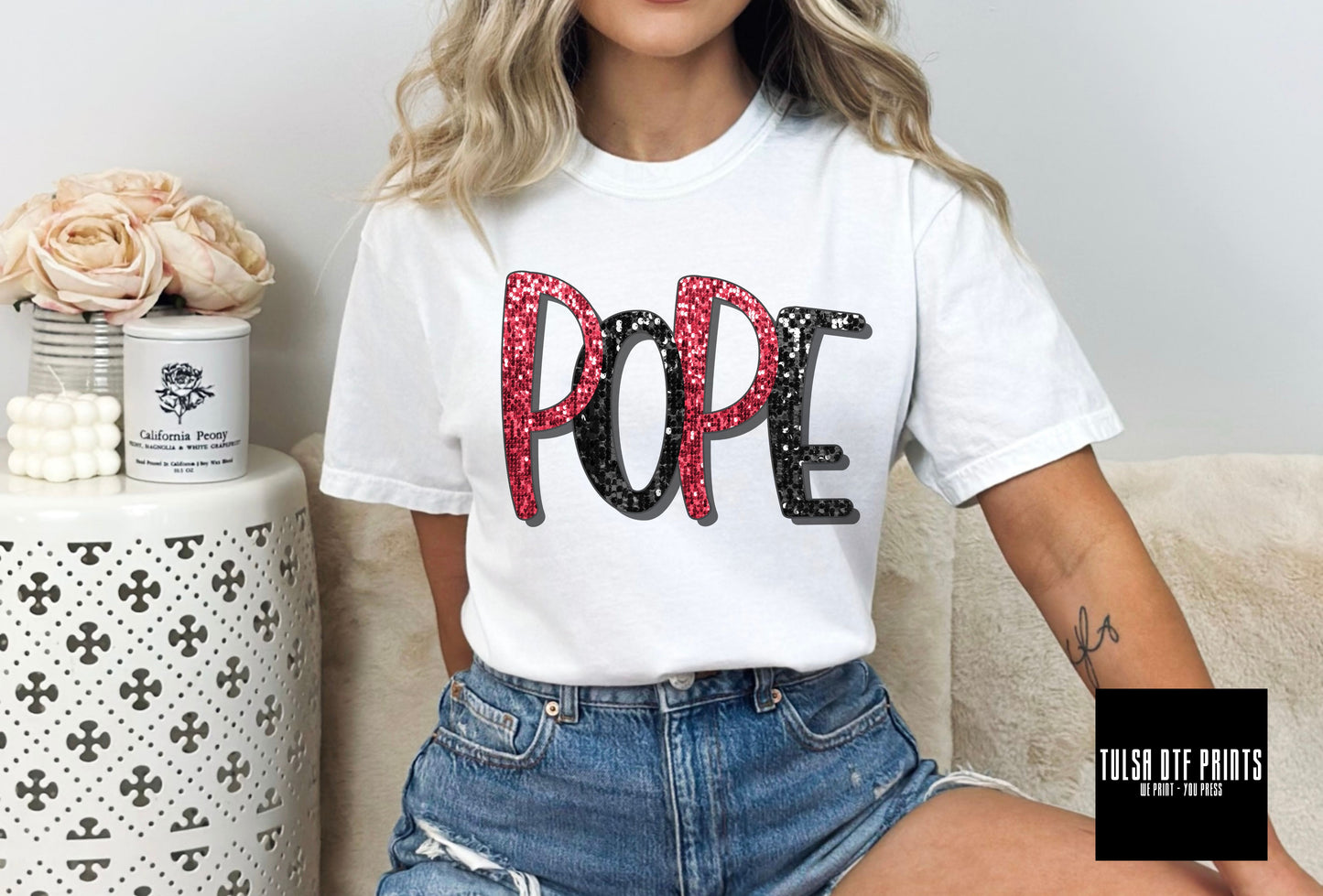 DTF POPE RED/BLACK FAUX SEQUIN SHADOW TEXT TRANSFER