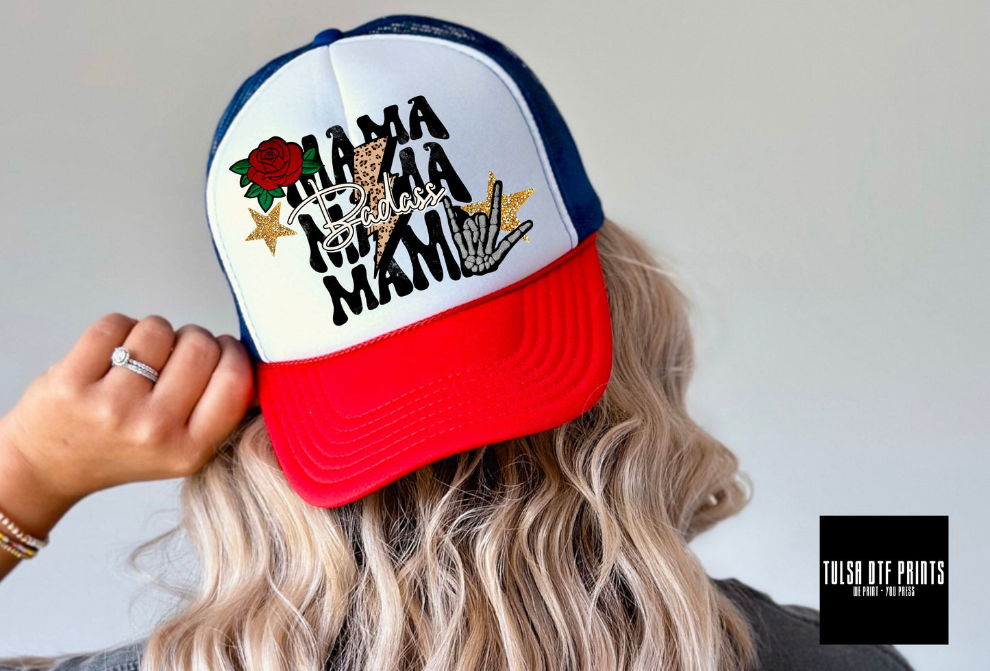 DTF BADASS MAMA STACKED FAUX HAT PATCH TRANSFER