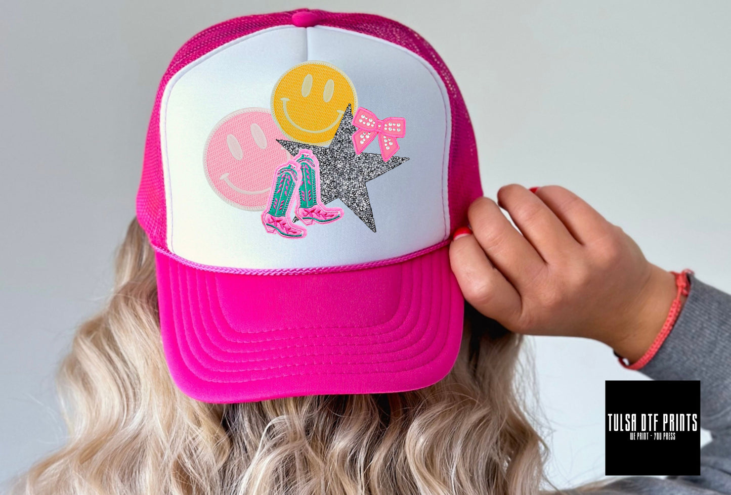 DTF SMILEY/COWGIRL BOOTS/STAR/BOW FAUX HAT PATCH TRANSFER
