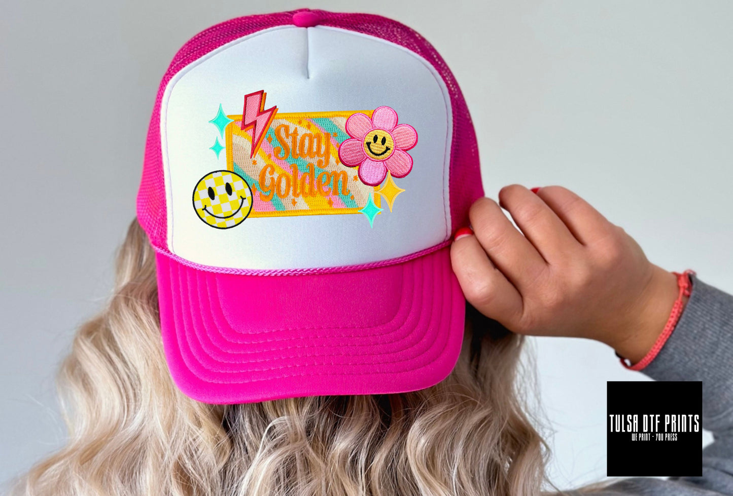 DTF STAY GOLDEN FAUX HAT PATCH TRANSFER