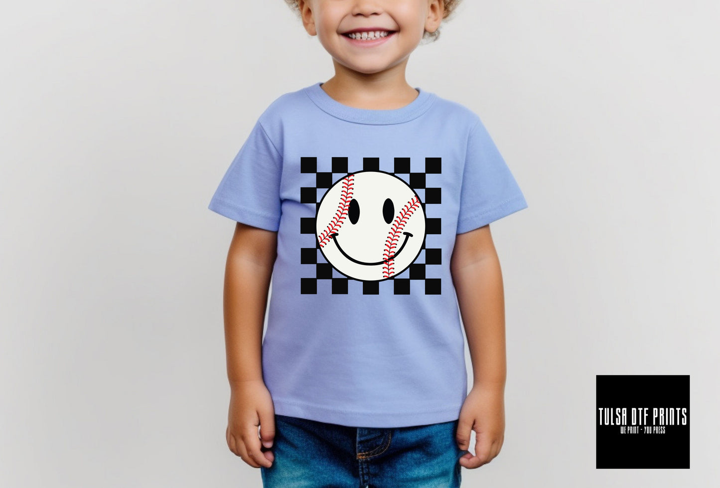 DTF BASEBALL CHECKERED SMILEY TRANSFER