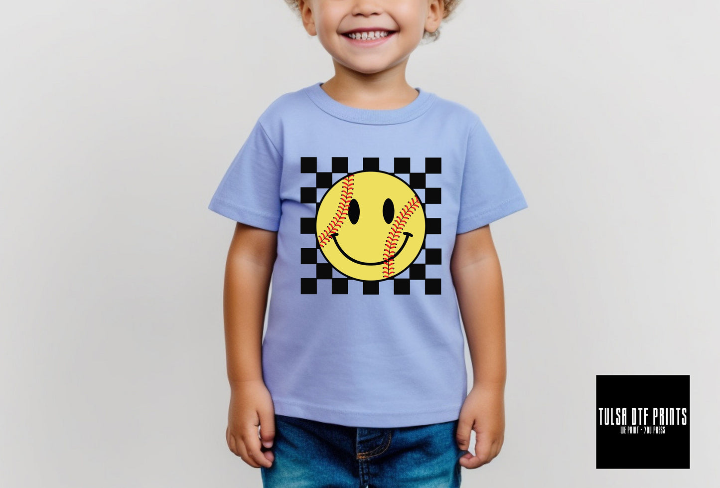 DTF SOFTBALL CHECKERED SMILEY TRANSFER