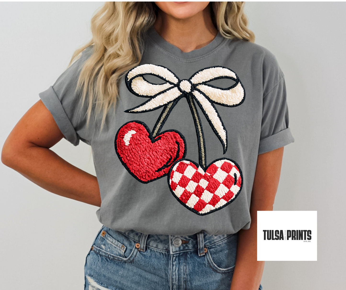 DTF EMBROIDERED BOW HEART CHARMS TRANSFER