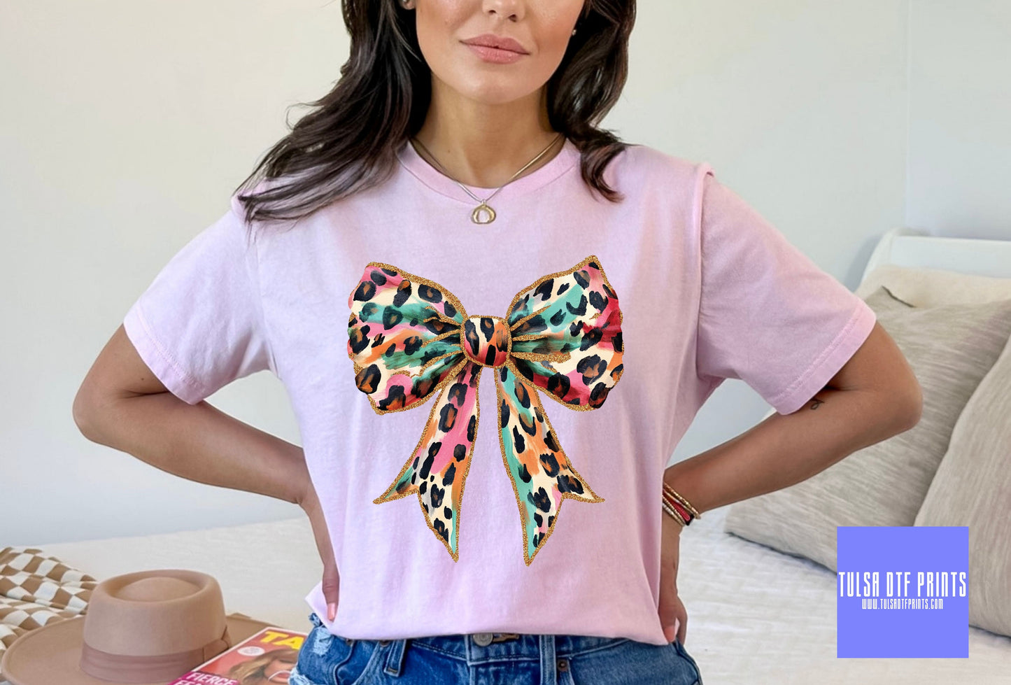 DTF MULTI-COLOR LEOPARD BOW WITH GOLD GLITTER TRANSFER
