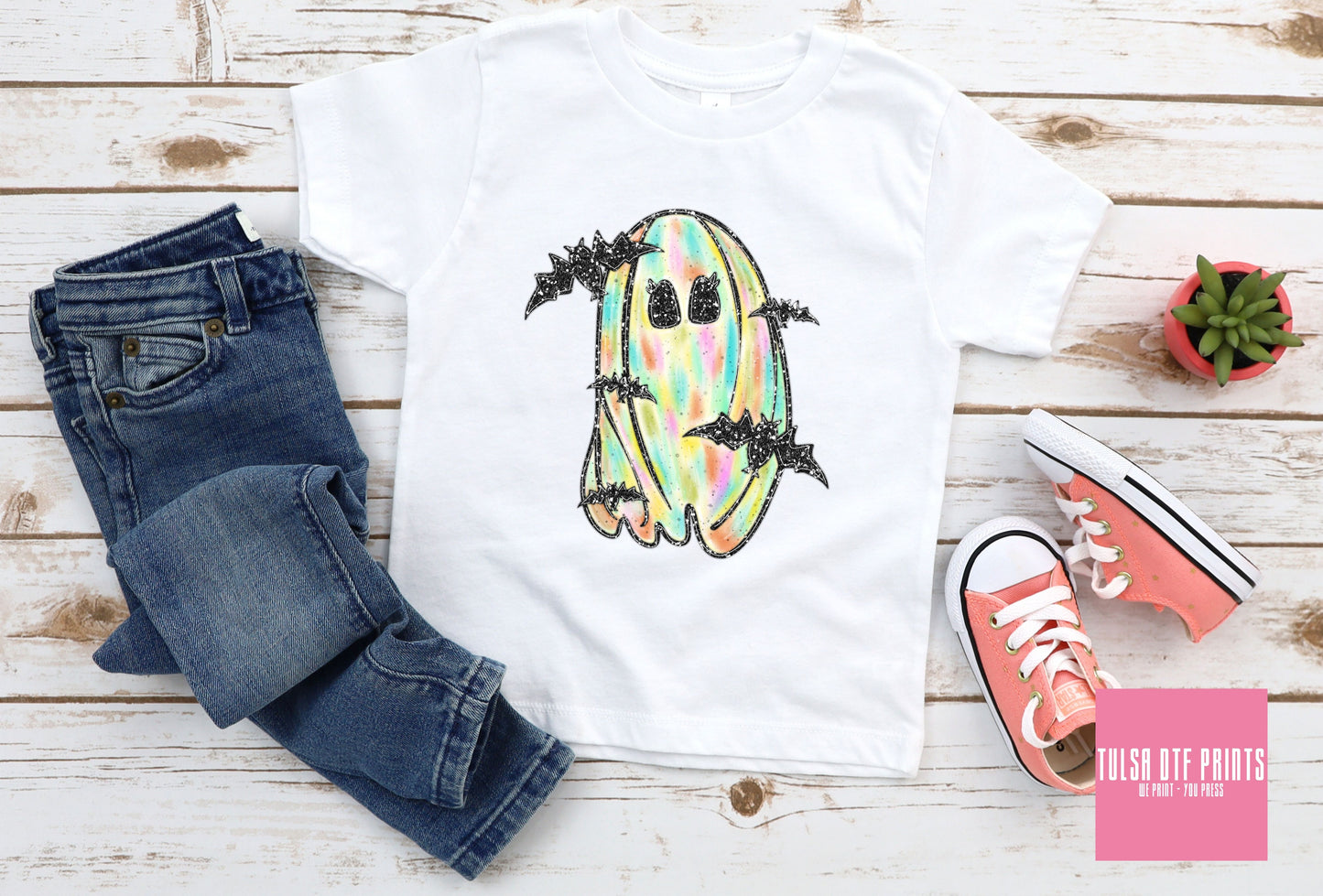 DTF TIE DYE GHOST W/ FAUX GLITTER BATS TRANSFER