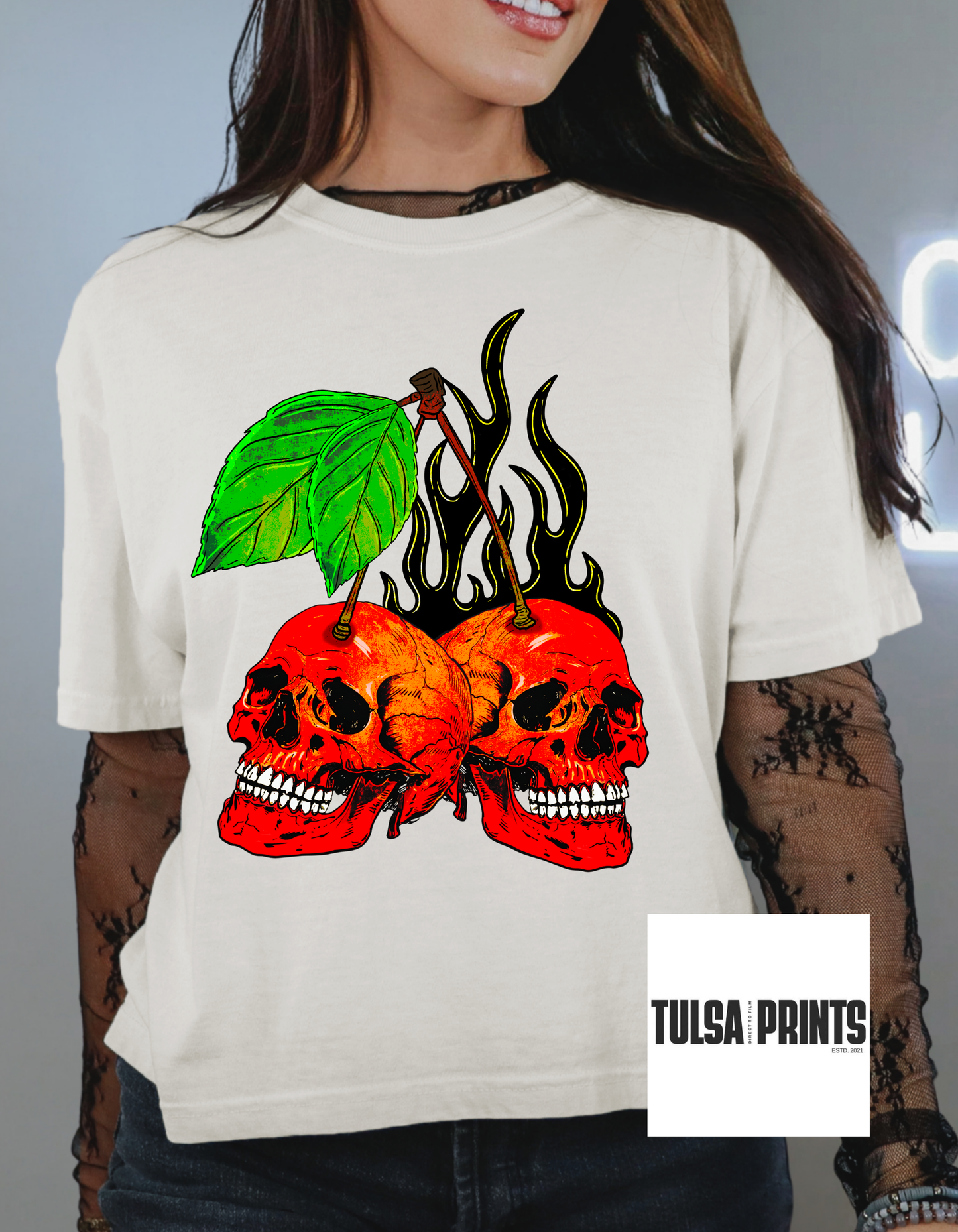 DTF CHERRY FLAMES SKULLS TRANSFER
