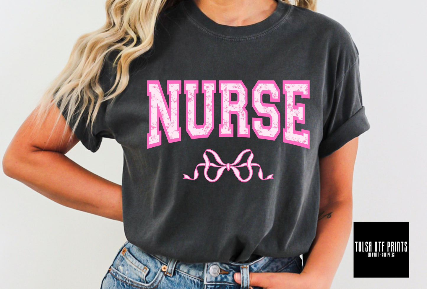 DTF NURSE RETRO TEXT W/ BOW TRANSFER