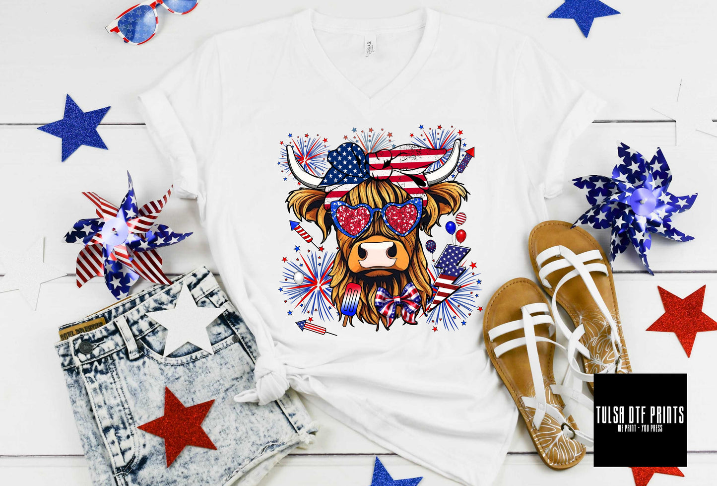 DTF 4TH OF JULY HIGHLAND COW TRANSFER