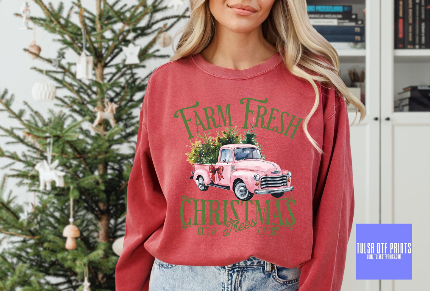 DTF FARM FRESH CHRISTMAS TREE W/ PINK TRUCK TRANSFER