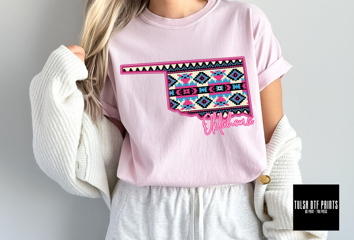 DTF OKLAHOMA AZTEC PRINT FAUX EMBROIDERY TRANSFER