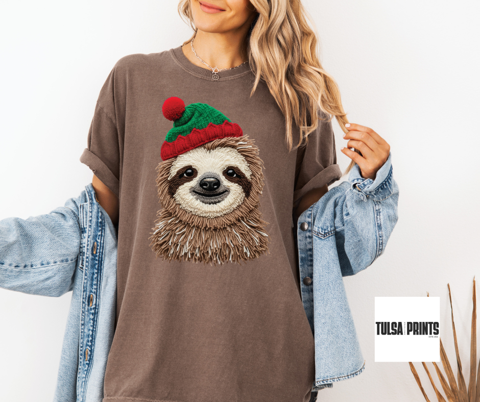 DTF FESTIVE SLOTH FAUX LATCH HOOK TRANSFER