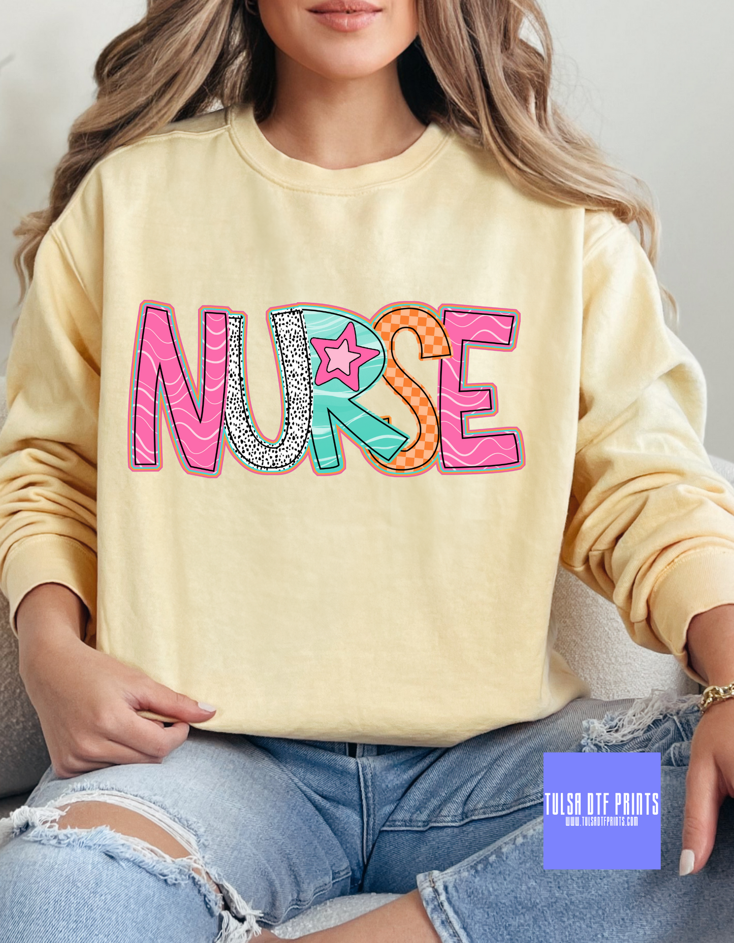 DTF NURSE RETRO STAR LETTERS & PATTERN TRANSFER