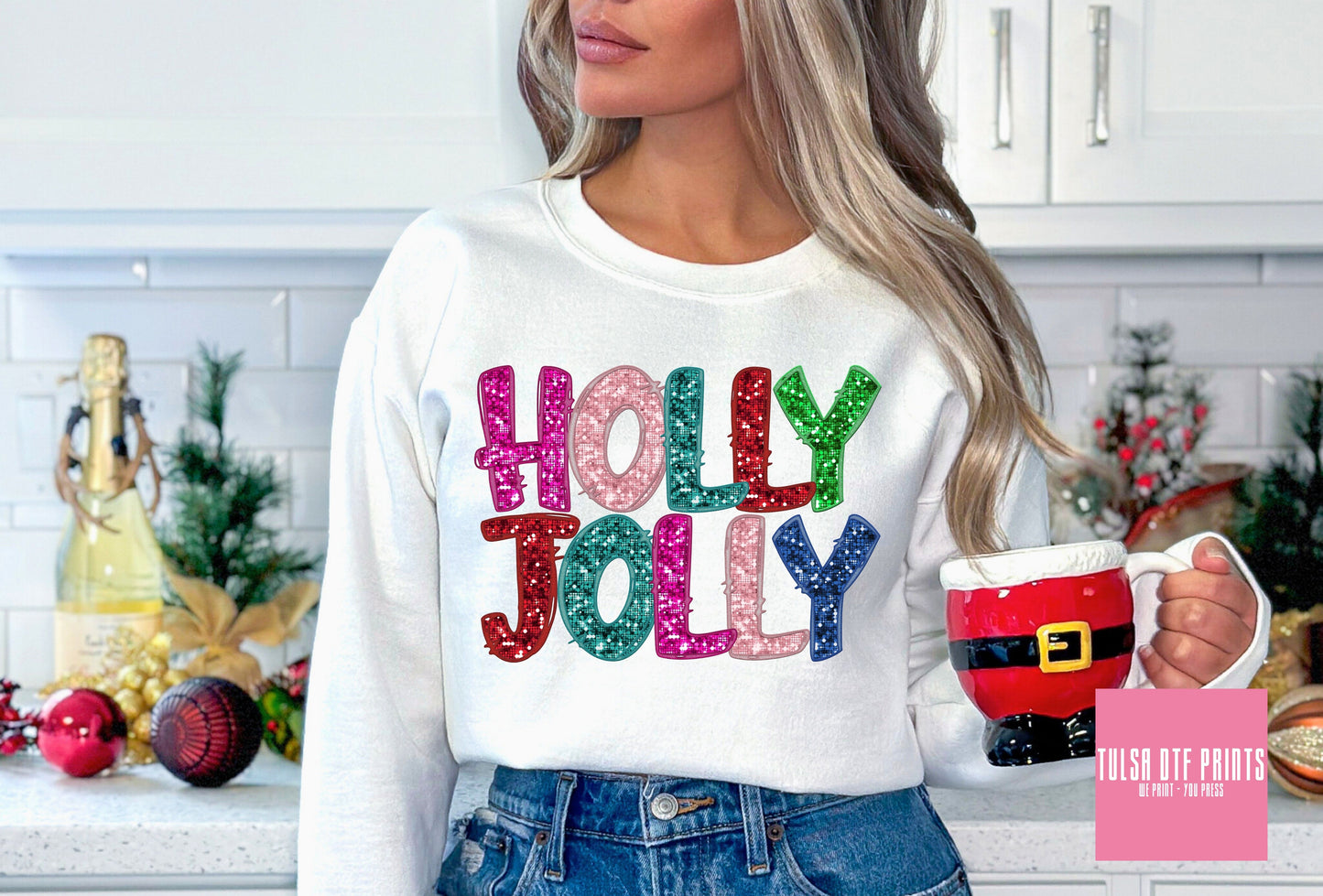 DTF HOLLY JOLLY MULTICOLOR FAUX EMBROIDERY SEQUIN TRANSFER