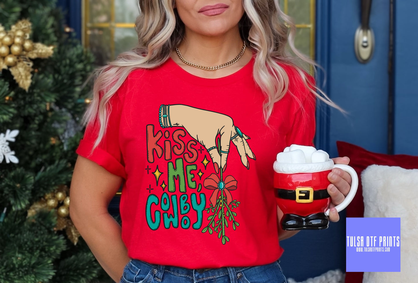 DTF KISS ME COWBOY TURQOUISE MISTLETOE TRANSFER