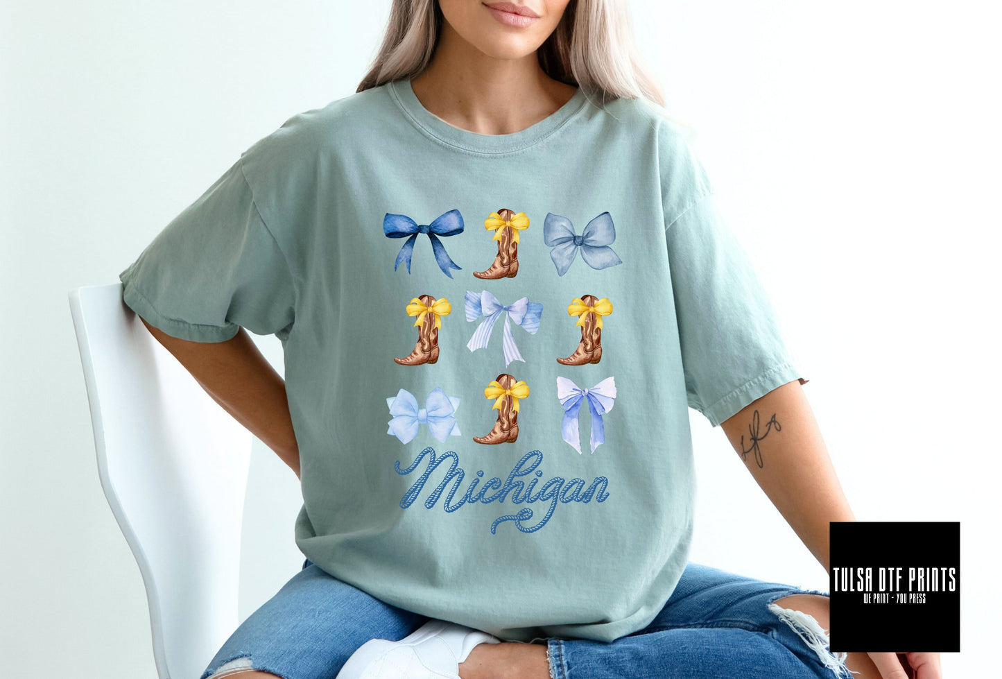 DTF COQUETTE MICHIGAN BLUE/YELLOW BOOTS AND BOWS TRANSFER