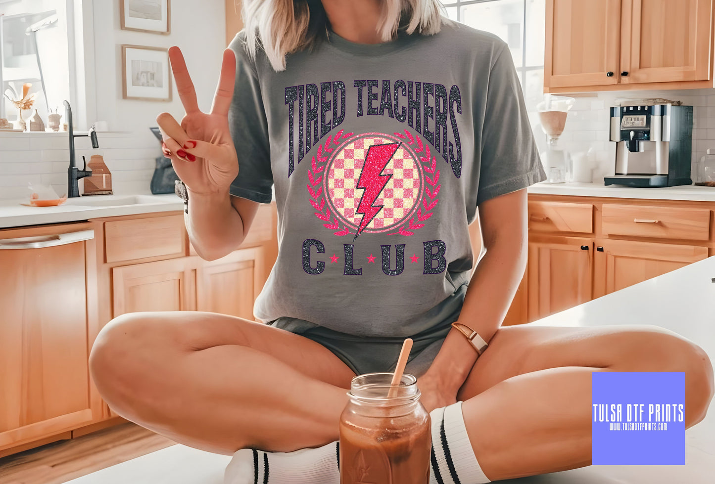 DTF TIRED TEACHERS CLUB PINK CHECKERED LB TRANSFER