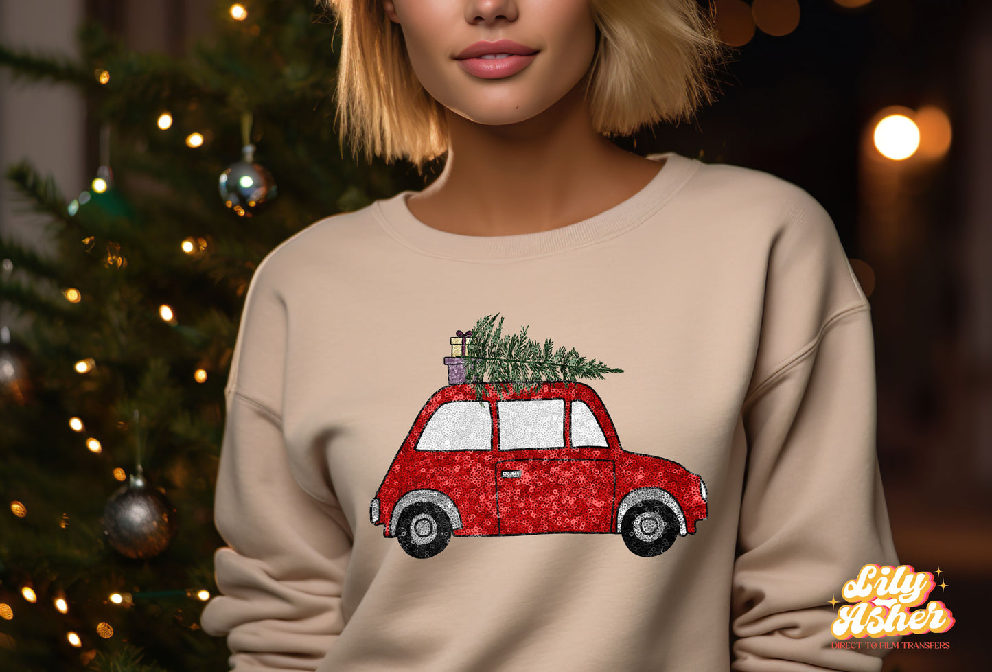 DTF RED CHRISTMAS CAR FAUX SEQUIN TRANSFER