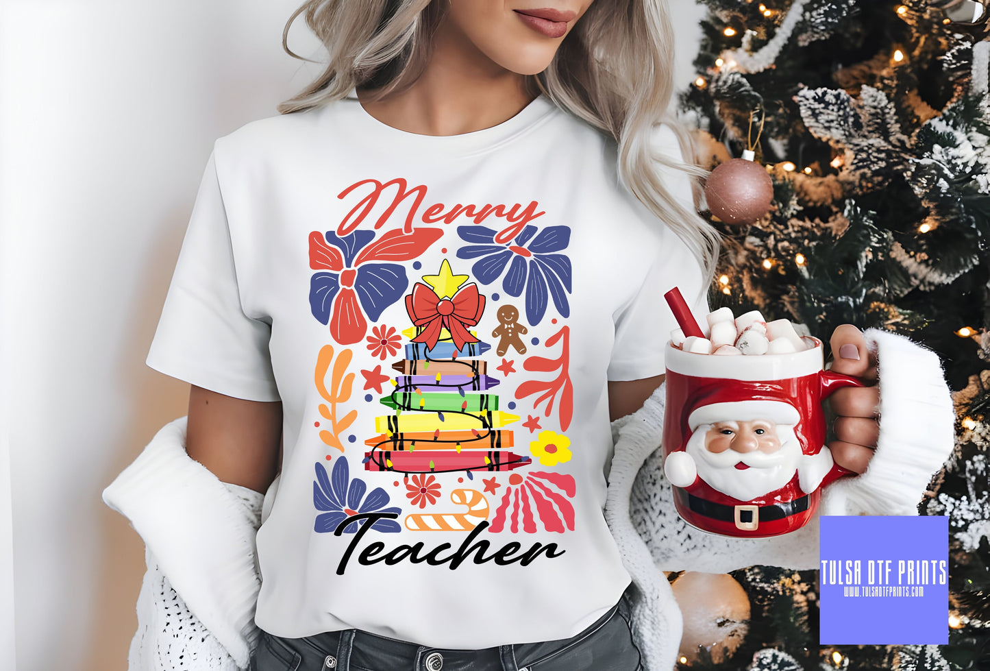 DTF CHRISTMAS TREE CRAYON MERRY TEACHER TRANSFER