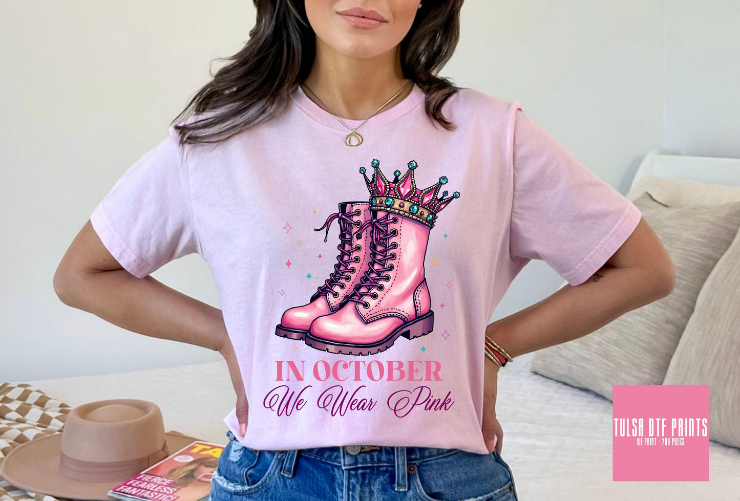 DTF IN OCTOBER WE WEAR PINK - COMBAT BOOTS W/ CROWN TRANSFER