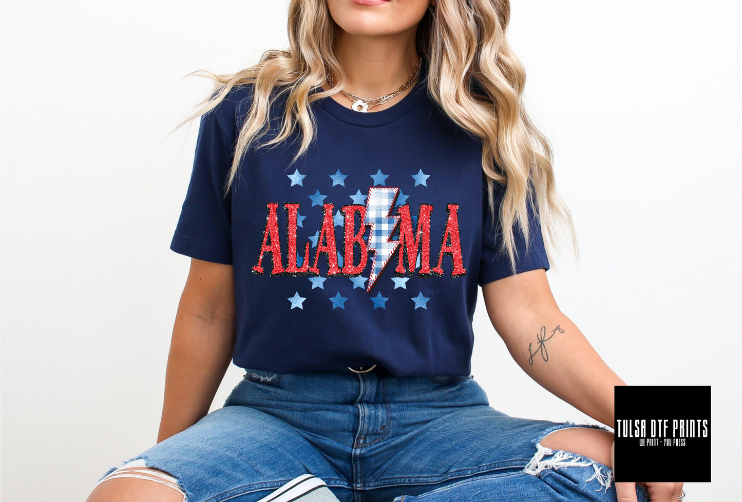 DTF ALABAMA GLITTER - FOIL STARS GINGHAM STITCHED BOLT TRANSFER