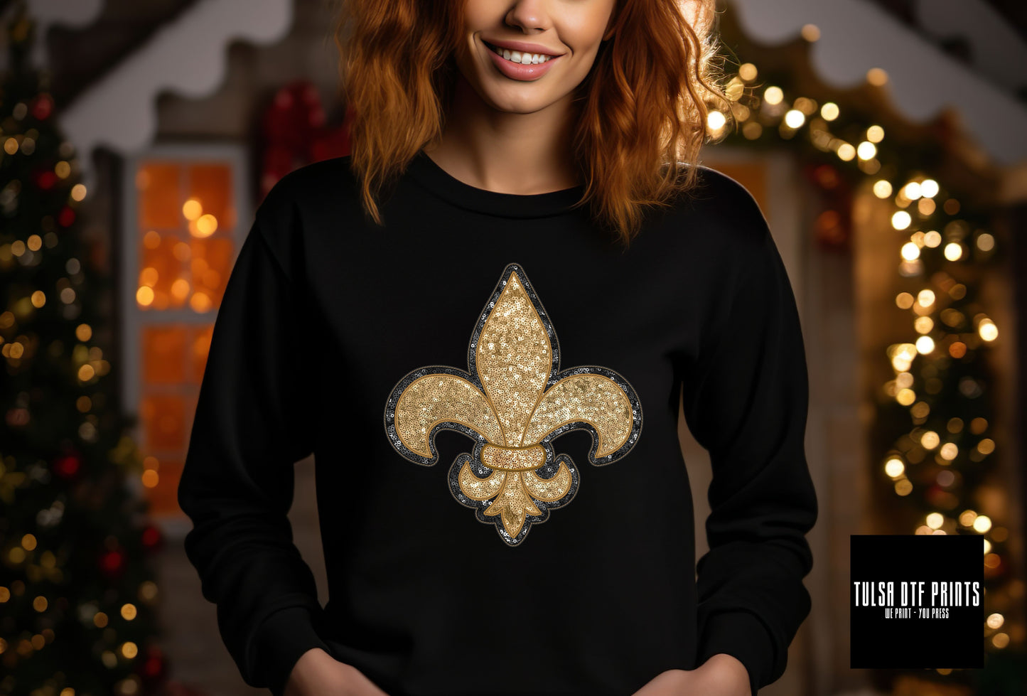 DTF BLACK FLEUR FAUX EMBROIDERY SEQUIN TRANSFER