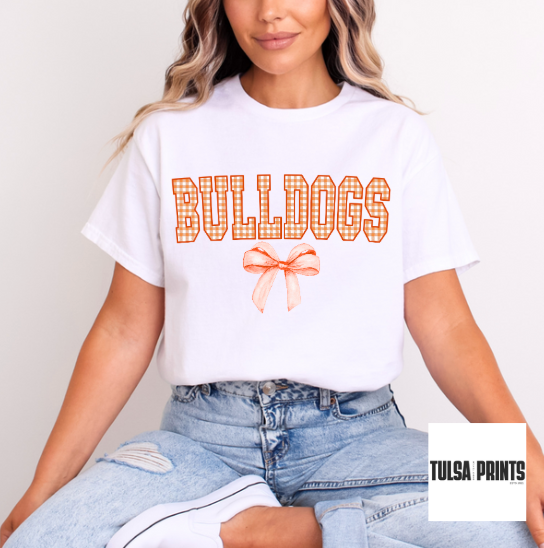 DTF BULLDOGS ORANGE GINGHAM BOW GAME DAY MASCOT TRANSFER