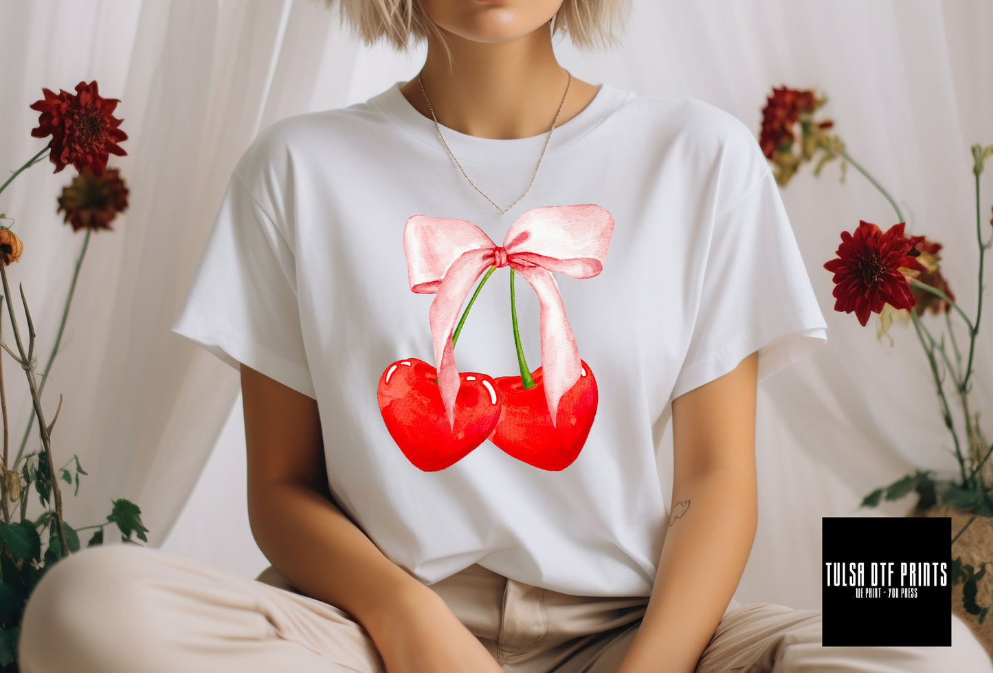 DTF CHERRY HEART WITH PINK BOW TRANSFER