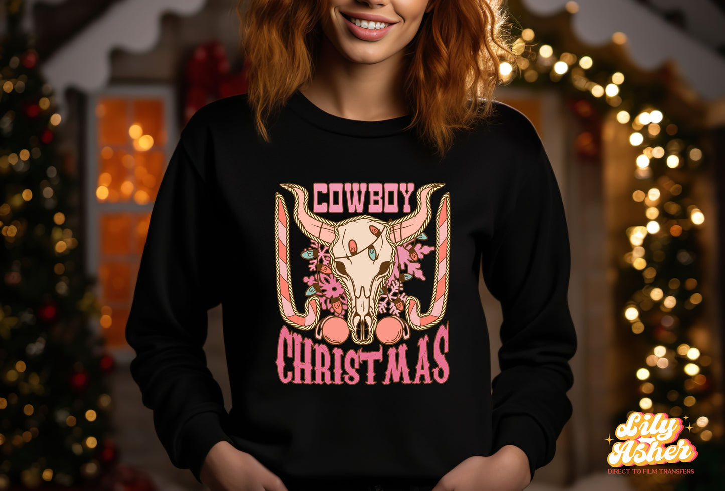 DTF COWBOY CHRISTMAS PINK TRANSFER