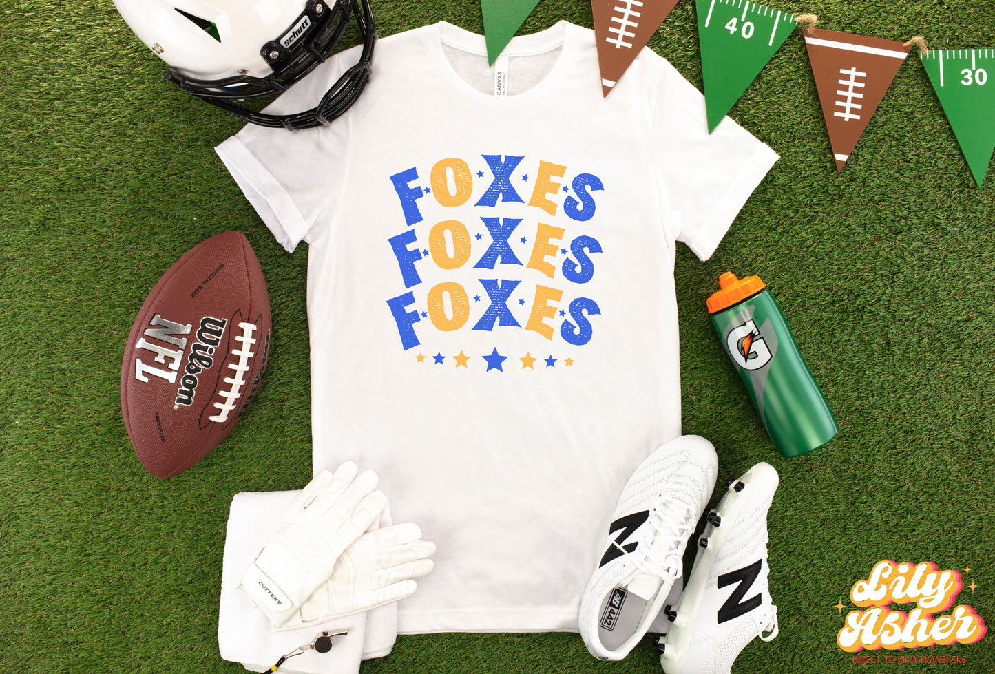 DTF FOXES BLUE-YELLOW GOLD STACKED TEXT W/ STARS TRANSFER