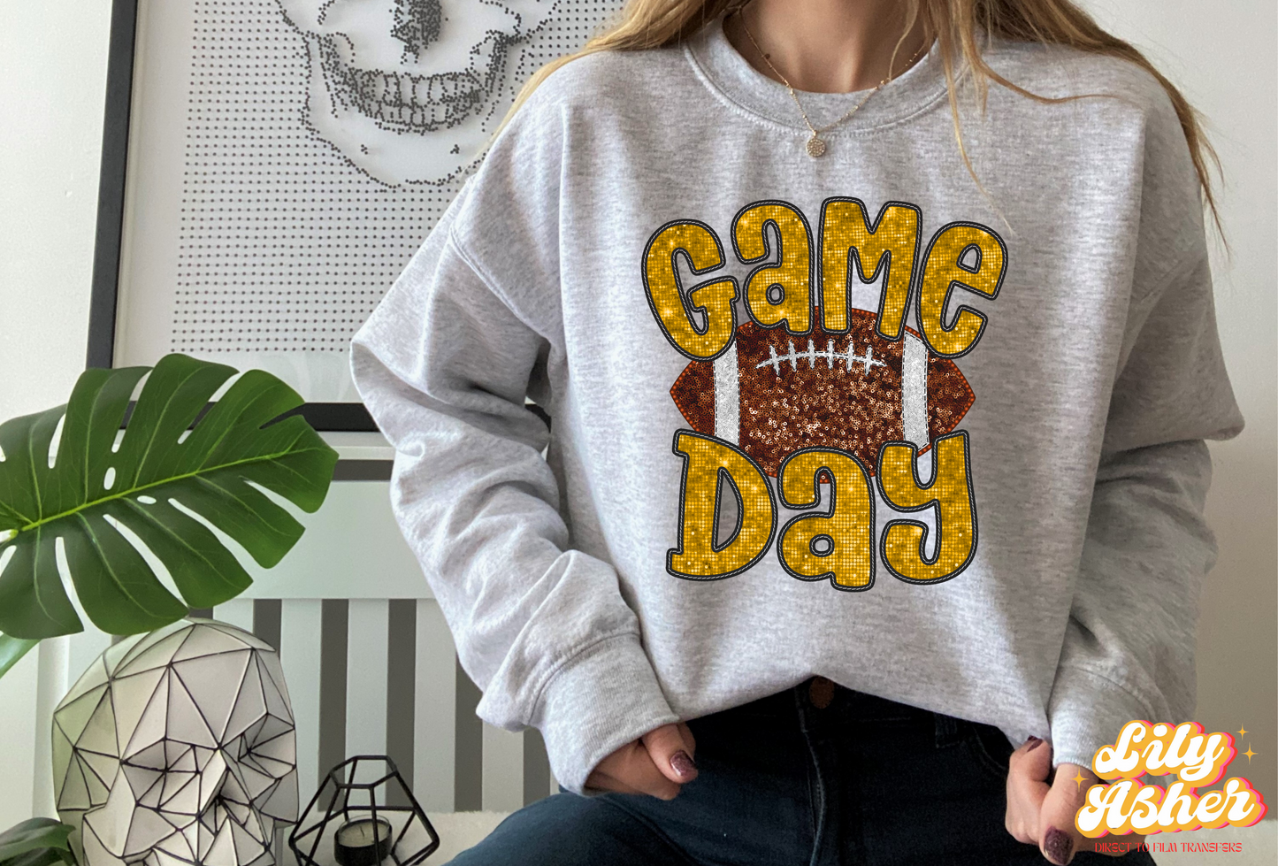 DTF YELLOW FAUX EMBROIDERY SEQUIN FOOTBALL TRANSFER