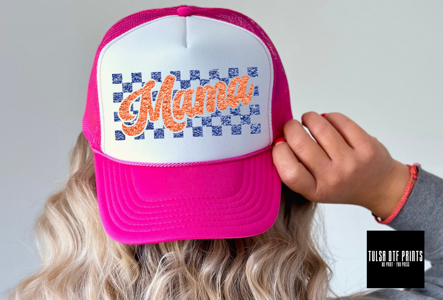 DTF MAMA CHECKERED BLUE/ORANGE FAUX CHENILLE TRANSFER