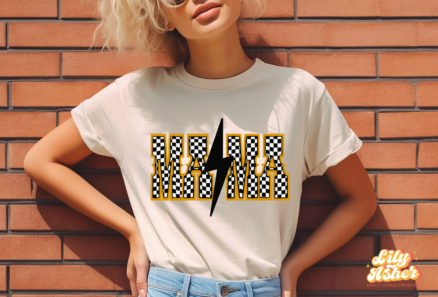 DTF MAMA CHECKERED LIGHTNING BOLT TRANSFER