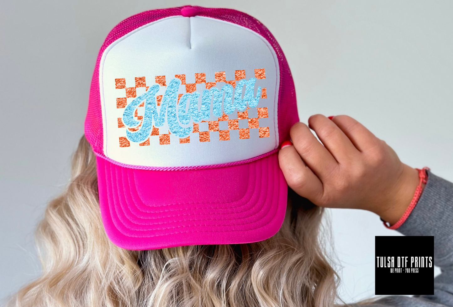 DTF MAMA CHECKERED SKY BLUE/ORANGE FAUX CHENILLE TRANSFER