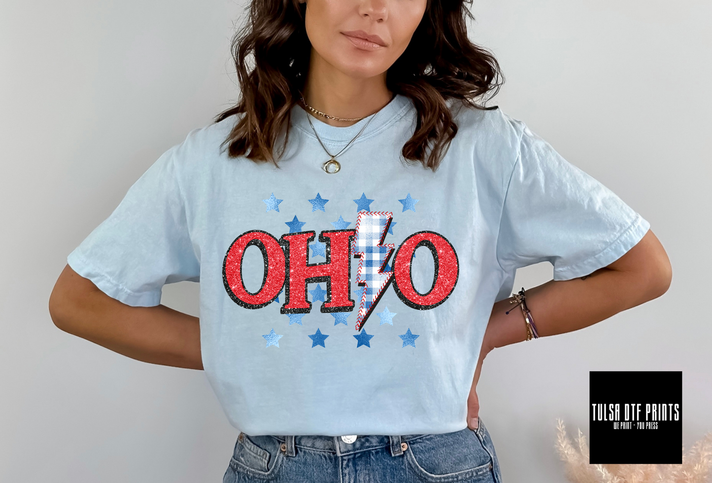 DTF OHIO GLITTER - FOIL STARS GINGHAM STITCHED BOLT TRANSFER