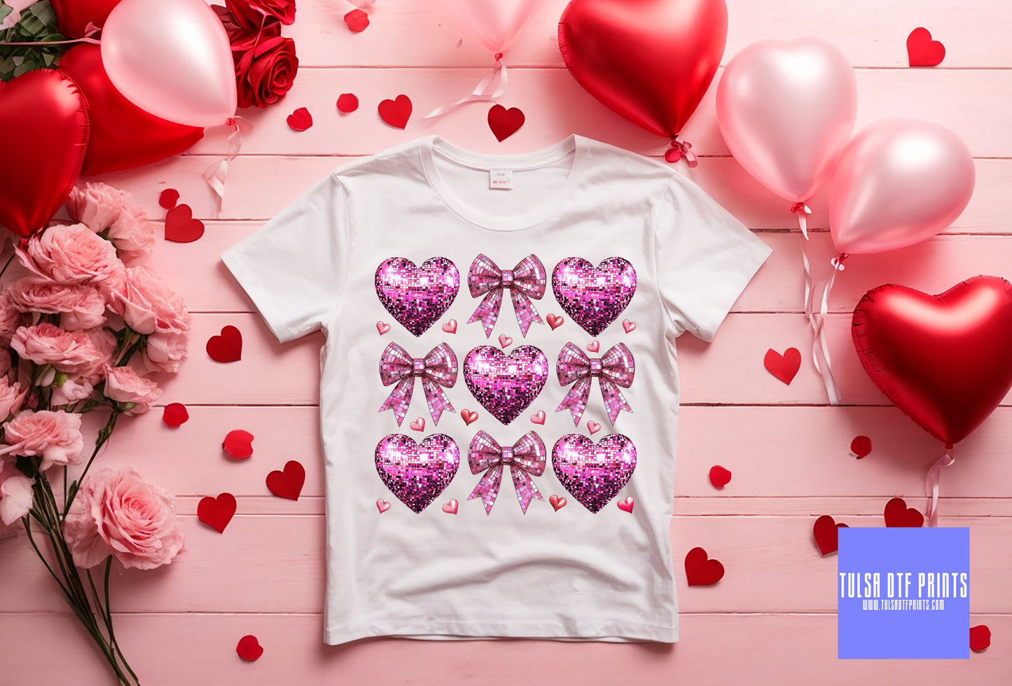 DTF PINK V-DAY DISCO HEART BOWS TRANSFER