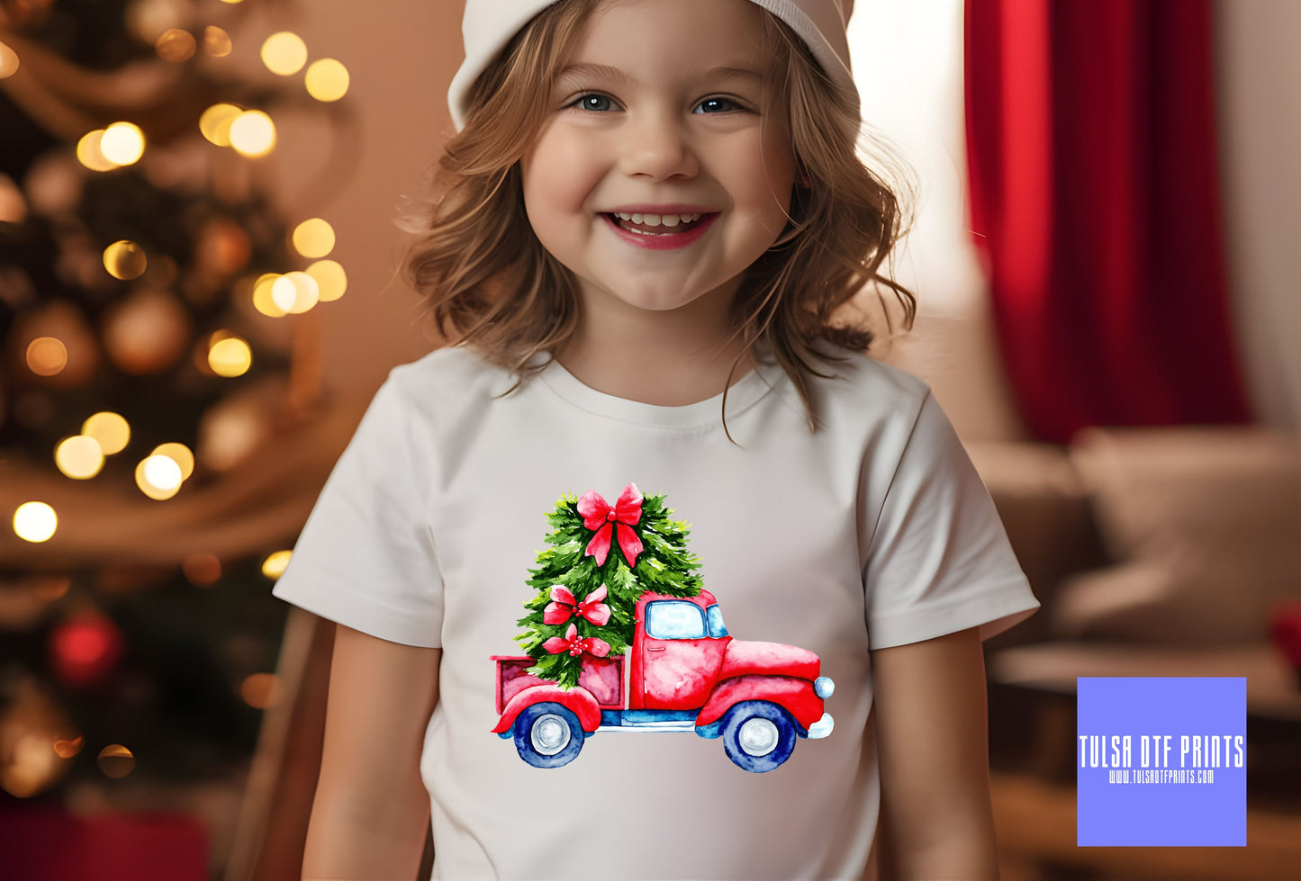 DTF RED WATERCOLOR CHRISTMAS TRUCK TRANSFER