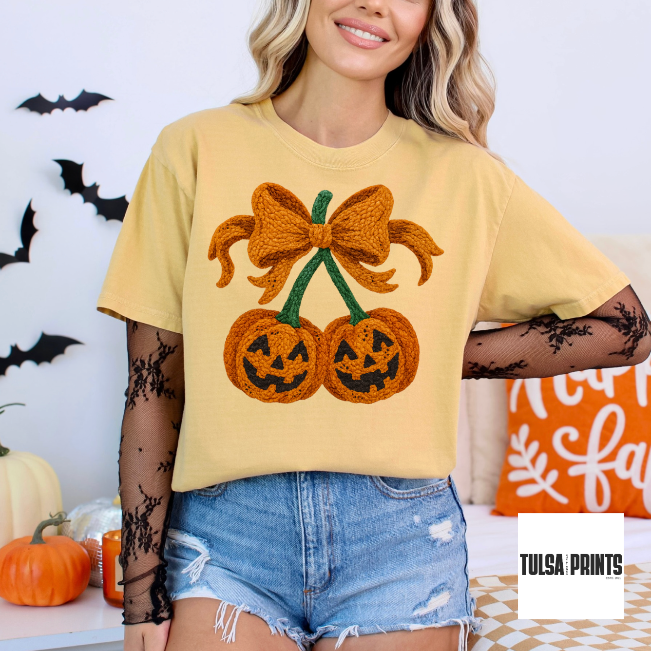 DTF HALLOWEEN PUMPKIN CHERRIES FAUX CROCHET TRANSFER