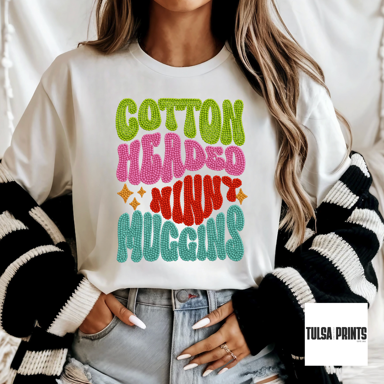 DTF COTTON HEADED BUBBLE FONT FAUX BEADS TRANSFER