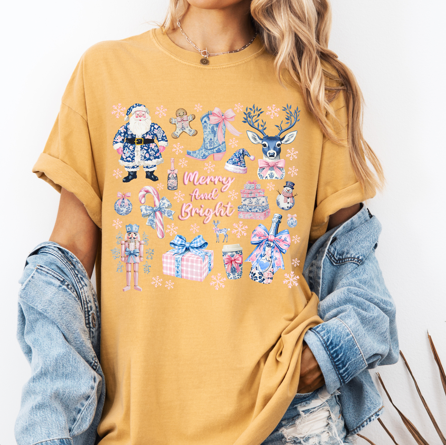 DTF CHRISTMAS PINK AND BLUE CHINOISERIE COLLAGE TRANSFER