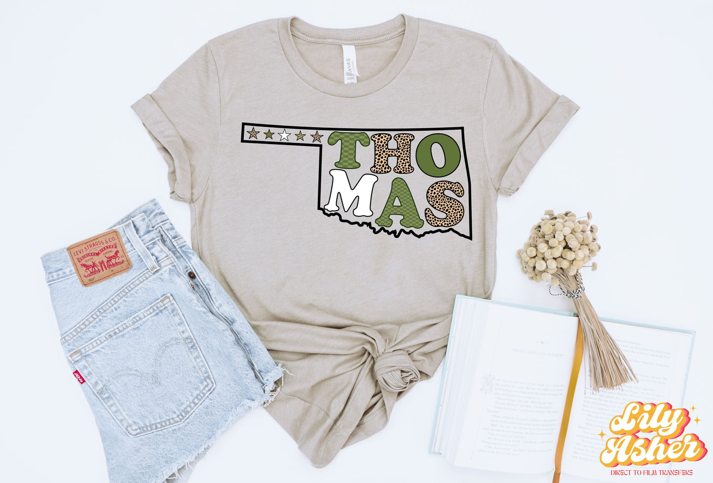 DTF THOMAS OKLAHOMA GREEN/WHITE FALL STATE OUTLINE TRANSFER