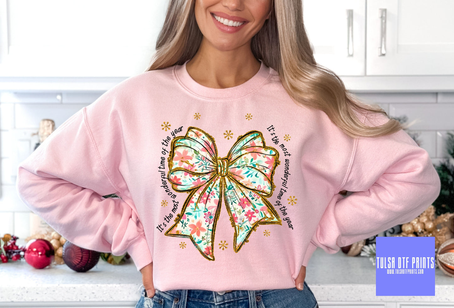 DTF WONDERFUL TIME OF THE YEAR FLORAL BOW TRANSFER